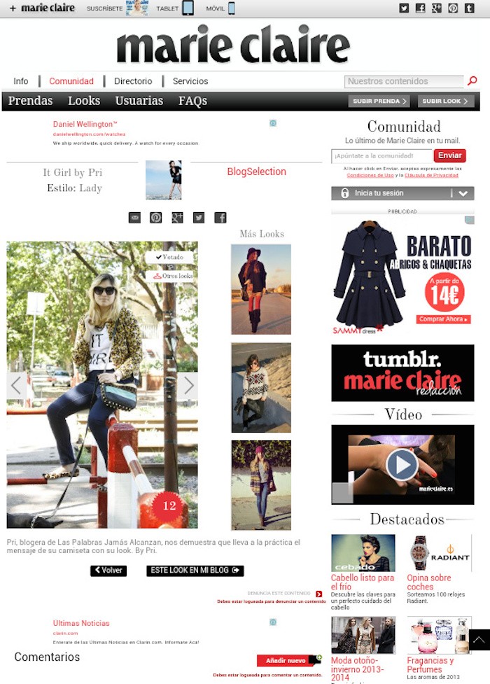Blogger seleccionada por la Revista Marie Claire, Noviembre 2013