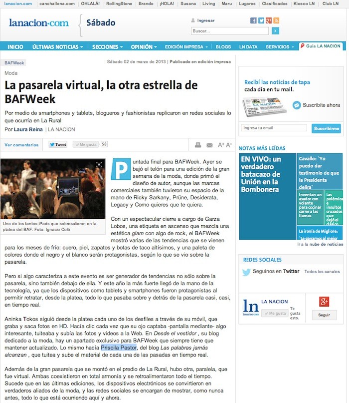 Entrevista en el Diario La Nación, edición impresa y on line. http://www.lanacion.com.ar/1559303-la-pasarela-virtual-la-otra-estrella-de-bafweek